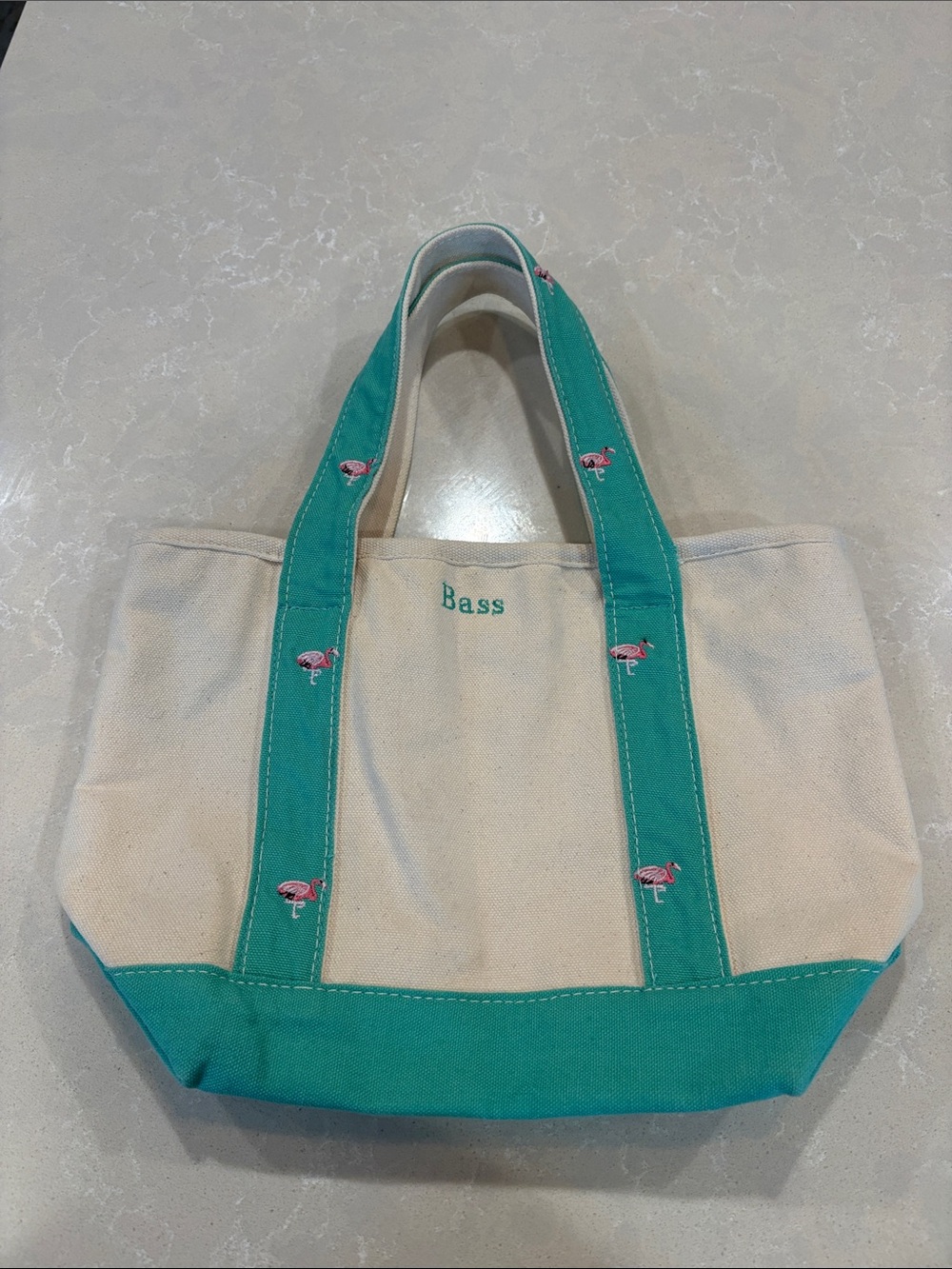 Bass Canvas Tote in Teal and Cream with Flamingo Embroidery